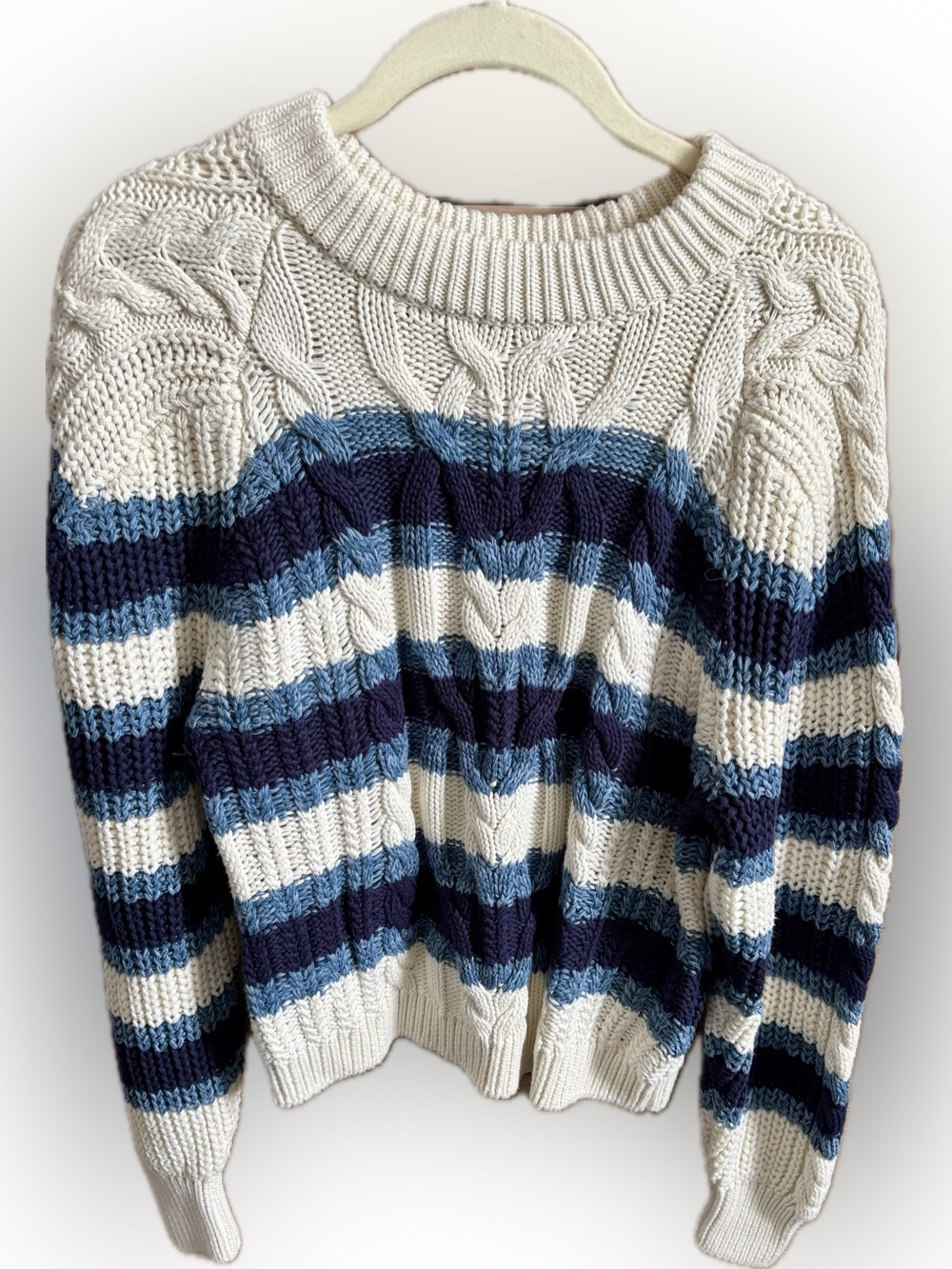 Free People Cable Knit Stripe Crewneck Sweater in Cream, Navy & Light Blue